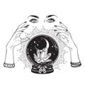 Hand drawn magic crystal ball with gems and crescent moon in hands of fortune teller line art and dot work. Boho chic tattoo, post Royalty Free Stock Photo