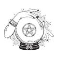 Hand drawn magic crystal ball with pentagram star in hands of fortune teller line art and dot work. Boho chic tattoo, poster or al