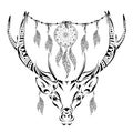 Hand drawn magic horned deer for adult anti stress Coloring Page with high details isolated on white background, illustration in z Royalty Free Stock Photo