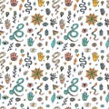 Hand drawn magical seamless pattern. Witchcraft print. Halloween. Doodle boho style. Mystical esoteric background