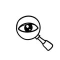 Hand drawn Magnifier with eye outline icon. Find icon, investigate concept symbol. Appearance, aspect, look, view, creative vision