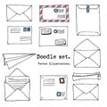 Hand drawn mail, post, letter, envelope, paper plane cartoon Set. Vector illustration. Doodle decorative elements. Mail and post i Royalty Free Stock Photo