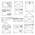 Hand drawn mail, post, letter, envelope, paper plane Set. Vector illustration. Doodle elements. Mail and post icon in sketch style Royalty Free Stock Photo