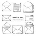 Hand drawn mail, post, letter Set. Vector illustration. Doodle elements. Mail icon in sketch style.