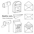 Hand drawn mail, post, mailbox, letter, envelope, paper plane Set. Vector illustration. Doodle elements. Mail and post icon in ske Royalty Free Stock Photo