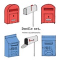 Hand drawn mailbox cartoon Set. Vector illustration. Doodle post, mail decorative elements. Mail icon in sketch style. Vintage mai