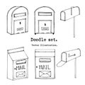 Hand drawn mailbox Set. Vector illustration. Doodle post, mail decorative elements. Mail icon in sketch style. Vintage mailbox