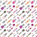Hand drawn make up, cosmetics and beauty items seamless pattern with hairbrushes, lipstick and nails polish illustration isolated.