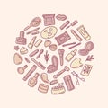 Hand drawn make up objects. Doodle cosmetics background for beauty shop