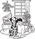 Hand Drawn male owner Feeding the dog in the room illustration in doodle style