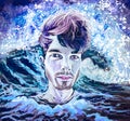 Hand drawn male portrait coming out of the wave barrelling Royalty Free Stock Photo