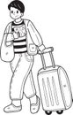 Hand Drawn Male tourist holding passport and suitcase illustration in doodle style