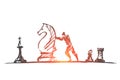 Hand drawn man moving huge chess figure Royalty Free Stock Photo