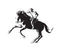 Hand drawn man with revolver riding horse. Western cowboy chase vector illustration. Black isolated on white background Royalty Free Stock Photo