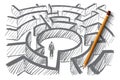 Hand drawn man standing in center of labyrinth