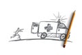 Hand drawn man trying to catch up ambulance car Royalty Free Stock Photo