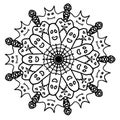Hand drawn mandala pattern with Halloween elements for coloring book, anti stress therapy pattern, black outline, vector
