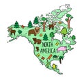 Hand drawn map of North America continent. Usual trees and animals. Symbols. Birch, pine, cactoo, eagle, bear.