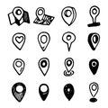 Hand drawn map pointers, doodle navigation pins vector set Royalty Free Stock Photo