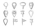 Hand drawn map pointers, doodle navigation pins vector set Royalty Free Stock Photo