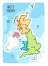 Hand drawn map of the United Kingdom including England, Wales, Scotland and Northern Ireland and their capital cities