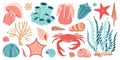 Hand drawn marine animals and plants flat style set, underwater ecosystem for your design. Royalty Free Stock Photo