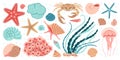 Hand drawn marine animals and plants flat style set, underwater ecosystem for your design. Royalty Free Stock Photo