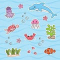 Hand drawn marine life in cartoon style, vector illustration Royalty Free Stock Photo