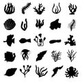 Hand Drawn marine life silhouette doodles set. Sketch style icons. Decoration element. Isolated on white background. Flat design. Royalty Free Stock Photo