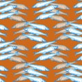 Hand drawn marine seamless pattern  blue watercolor illustration a group of Atlantic mackerel fish on orange background. Royalty Free Stock Photo