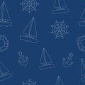 Hand drawn marine seamless pattern with sailboat, anchor and steering wheel Royalty Free Stock Photo