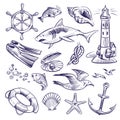 Hand drawn marine set. Sea ocean voyage lighthouse shark knot shell lifebuoy seagull anchor steering wheel