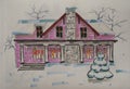 Hand drawn marker sketch of a cottage in winter Royalty Free Stock Photo