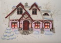 Hand drawn marker sketch of a cottage in winter Royalty Free Stock Photo