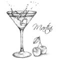 Hand drawn martini cocktail in glass with cherry. Vector illustration