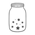 Hand drawn mason jar with stars. Cosmic glass container. Empty kitchen pot with lid. Contour sketch Royalty Free Stock Photo