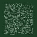 Hand drawn math science formulas on chalkboard background