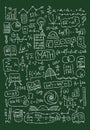 Hand drawn math science formulas on chalkboard background