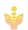 Catching bulk of Pound coins on hands gold color isolated on white background Royalty Free Stock Photo