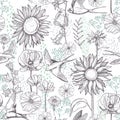 Hand drawn meadow flowers and swallows. Vector pattern