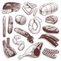 Hand drawn meat. Sketch meat products collection beef steak, pork fillet and veal bone, lamb and chicken, sausage and