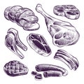 Hand drawn meat. Steak, beef and pork, lamb grill meat and sausage vintage sketch vector illustration