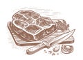 Hand drawn meat steak grilled in vintage engraving style. Roast beef, grill food, barbecue sketch vector illustration