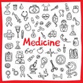 Hand drawn medical icons set. Vector illustration. (Tools, organs, symbols)