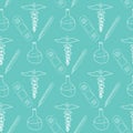 Hand drawn medical seamless pattern. Pharmacy vector background. Doodle medicine design.