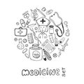 Hand drawn medicine doodle icons set. Sketches healthcare and medical