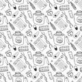 Hand drawn medicine seamless pattern. Doddle sketch healthcare and medical background