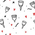 hand-drawn menstrual cup seamless pattern. Vector line illustration. Period pattern isolated. Zero-waste pattern with