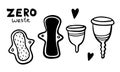 hand drawn menstrual set of design elements. Vector illustration. doodle period collection. women set with caps, pads