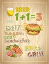 Hand drawn menu list with beer, burger and grilled salmon fish Royalty Free Stock Photo